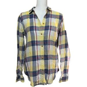 American Eagle Boyfriend Fit Plaid Button Down Shirt M Yellow Blue Excellent